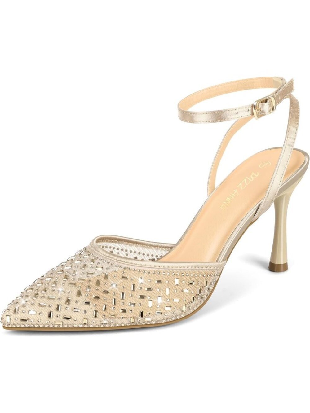 Women's Apricot Faux Leather Mesh Sparkly Closed Toes Heels With Ankle Strap